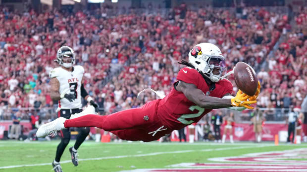Nov 12, 2023; Glendale, Arizona, USA; Arizona Cardinals wide receiver Marquise Brown (2) is unable to catch a pass against the Atlanta Falcons during the first half at State Farm Stadium. Mandatory Credit: Joe Camporeale-USA TODAY Sports